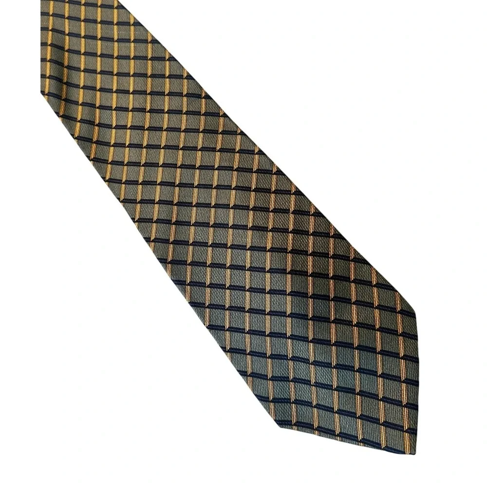 Nautica Mens Silk Tie Green Navy Gold Geometric Grid Pattern Professional Office